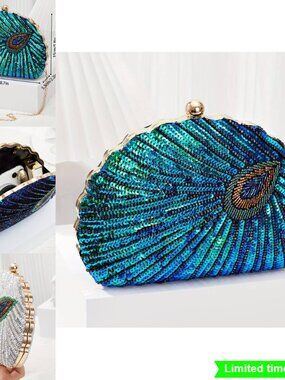Goldtone Peacock Sequin Evening Clutch Purse